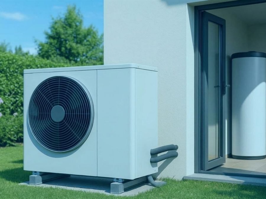 Groupe extérieur de pompe à chaleur posé sur plots dans un jardin
