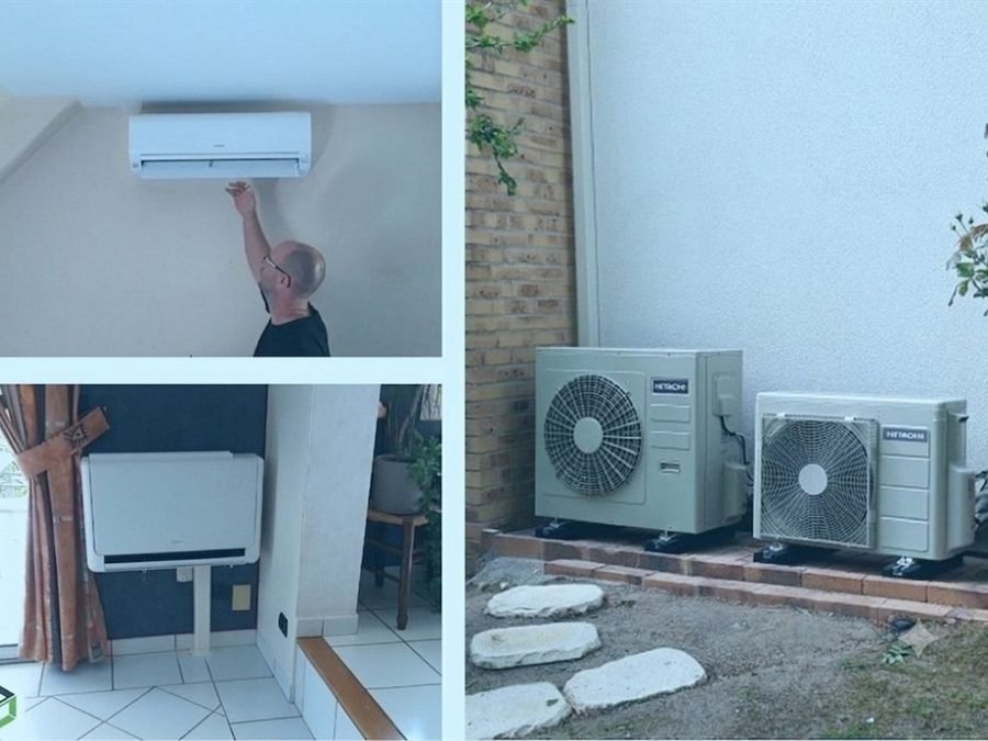 Installation multi-split : unités murale et console à l'intérieur, deux groupes extérieurs