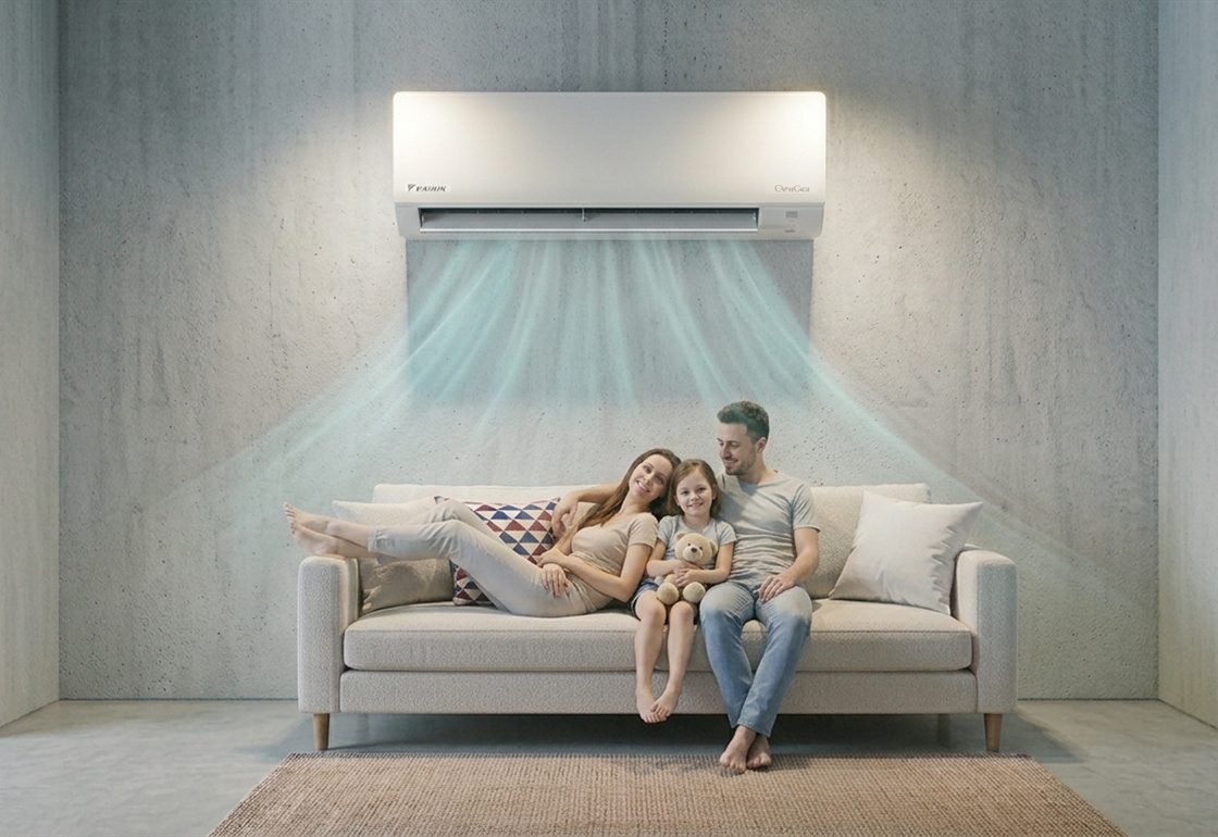 Famille installée dans son canapé sous une unité murale de climatisation réversible en fonctionnement
